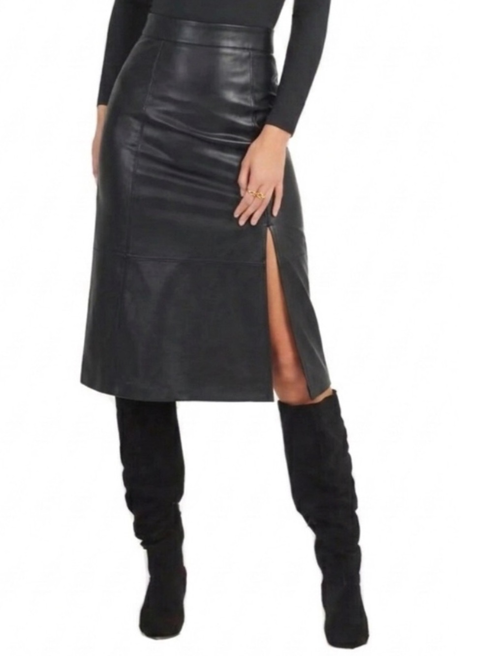 Spanx Faux Leather Front Slit Midi Skirt